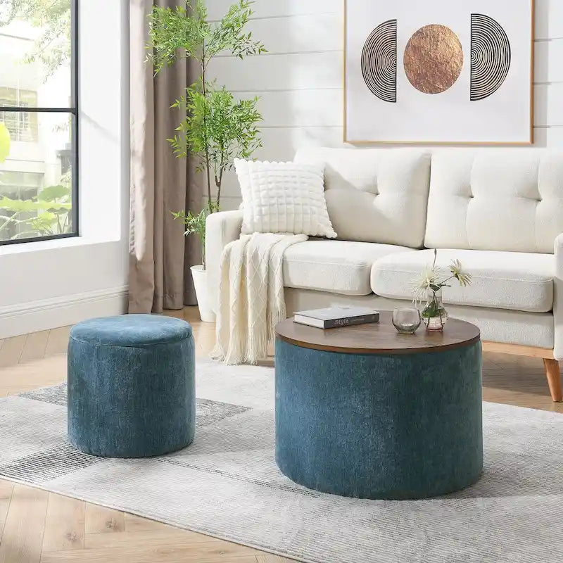 2-Piece Set Round Chenille Storage Ottoman, Equipped with a Drum Shaped Small Stool, Storage Space, and MDF Made Desktop Panel