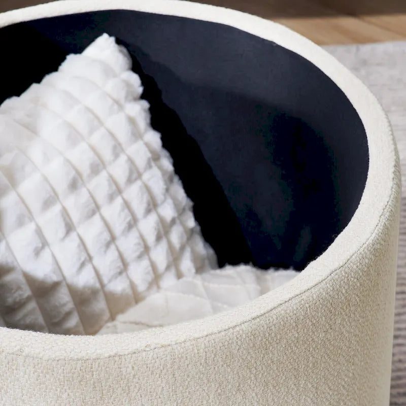 2-Piece Set Round Chenille Storage Ottoman, Equipped with a Drum Shaped Small Stool, Storage Space, and MDF Made Desktop Panel