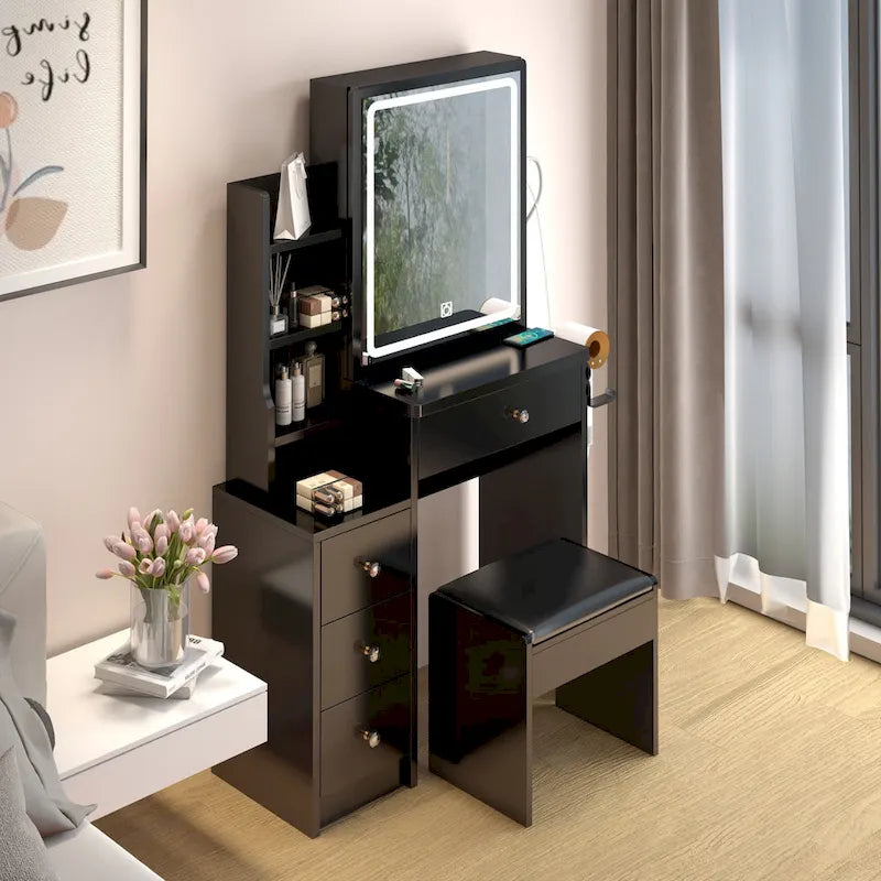 Make-Up Vanity Table and Stool with LED Mirror and USB Port