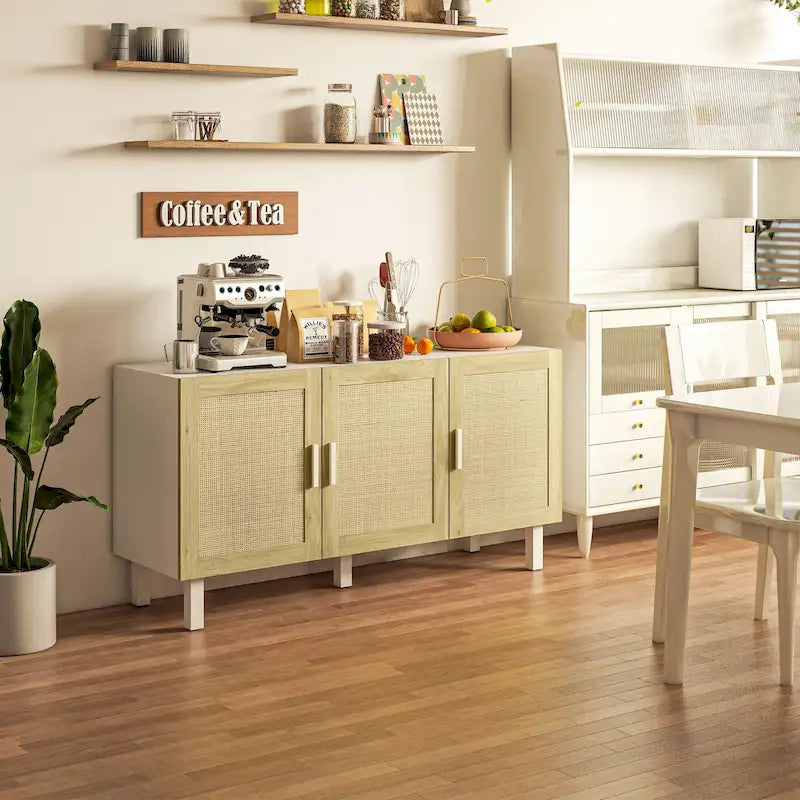 HOMCOM Sideboard Buffet Cabinet, Kitchen Cabinet, Coffee Bar Cabinet with 3 Rattan Doors and Adjustable Shelves