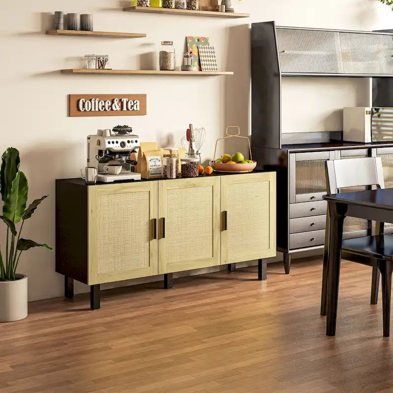 HOMCOM Sideboard Buffet Cabinet, Kitchen Cabinet, Coffee Bar Cabinet with 3 Rattan Doors and Adjustable Shelves