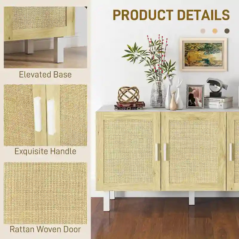 HOMCOM Sideboard Buffet Cabinet, Kitchen Cabinet, Coffee Bar Cabinet with 3 Rattan Doors and Adjustable Shelves