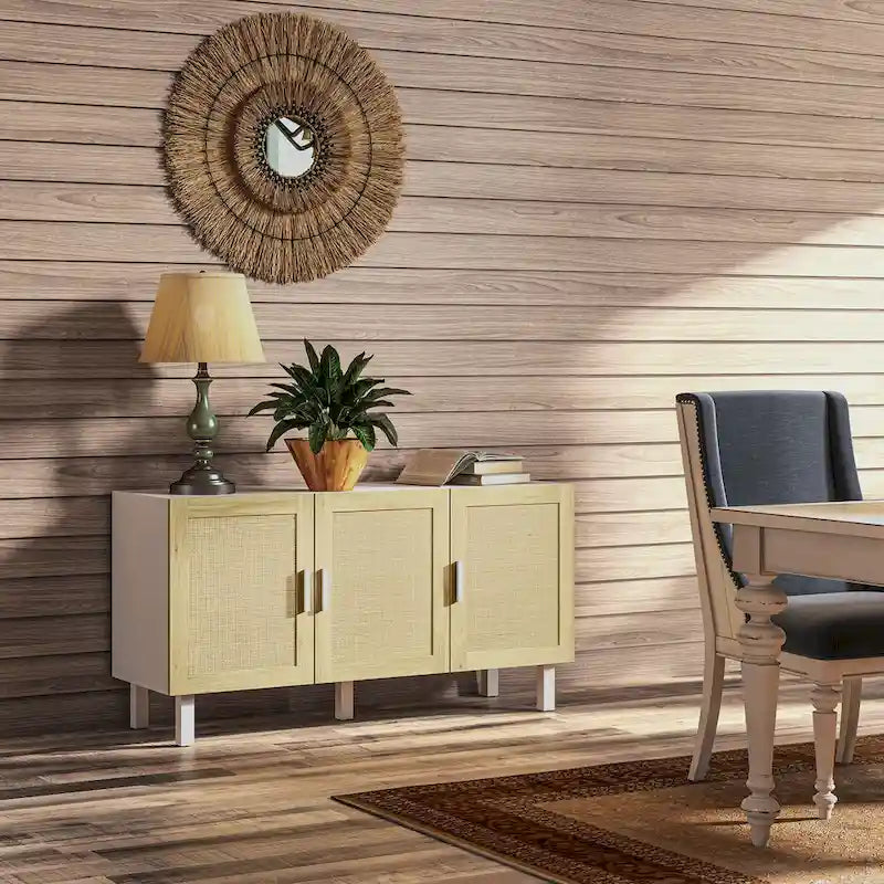 HOMCOM Sideboard Buffet Cabinet, Kitchen Cabinet, Coffee Bar Cabinet with 3 Rattan Doors and Adjustable Shelves