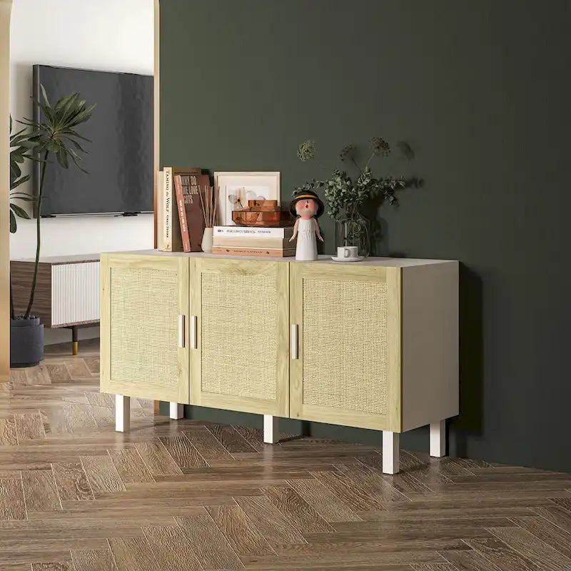 HOMCOM Sideboard Buffet Cabinet, Kitchen Cabinet, Coffee Bar Cabinet with 3 Rattan Doors and Adjustable Shelves
