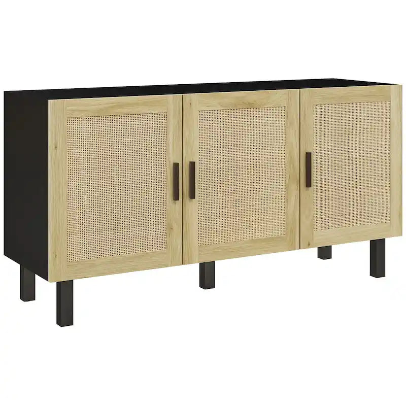 HOMCOM Sideboard Buffet Cabinet, Kitchen Cabinet, Coffee Bar Cabinet with 3 Rattan Doors and Adjustable Shelves