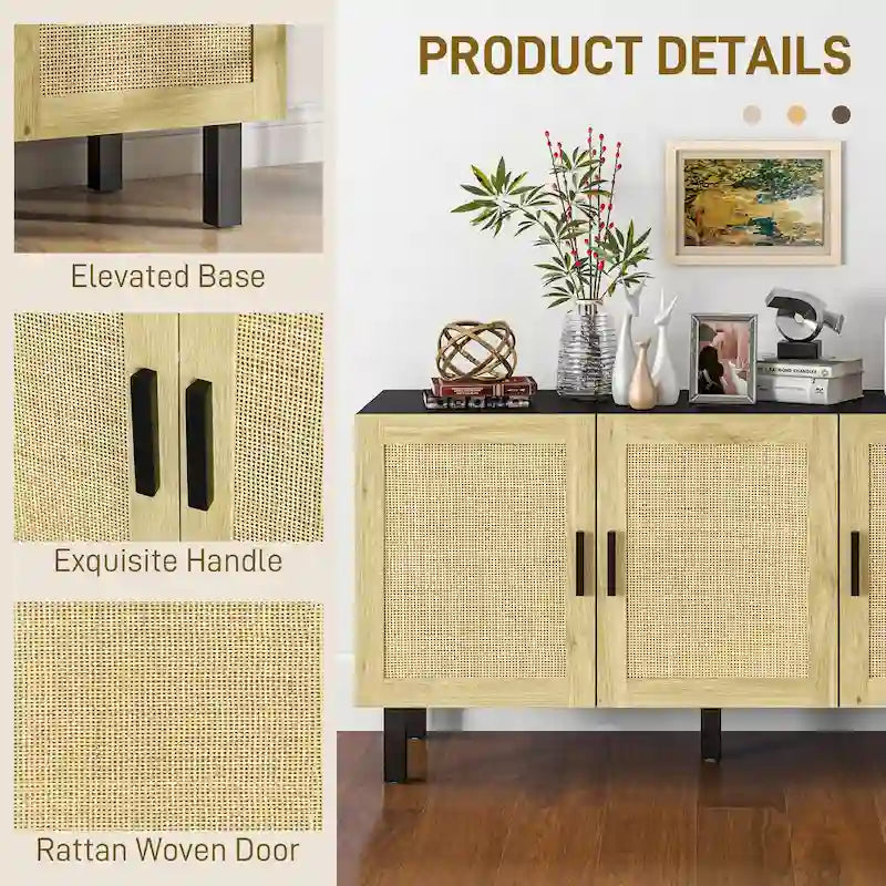 HOMCOM Sideboard Buffet Cabinet, Kitchen Cabinet, Coffee Bar Cabinet with 3 Rattan Doors and Adjustable Shelves