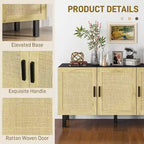 HOMCOM Sideboard Buffet Cabinet, Kitchen Cabinet, Coffee Bar Cabinet with 3 Rattan Doors and Adjustable Shelves