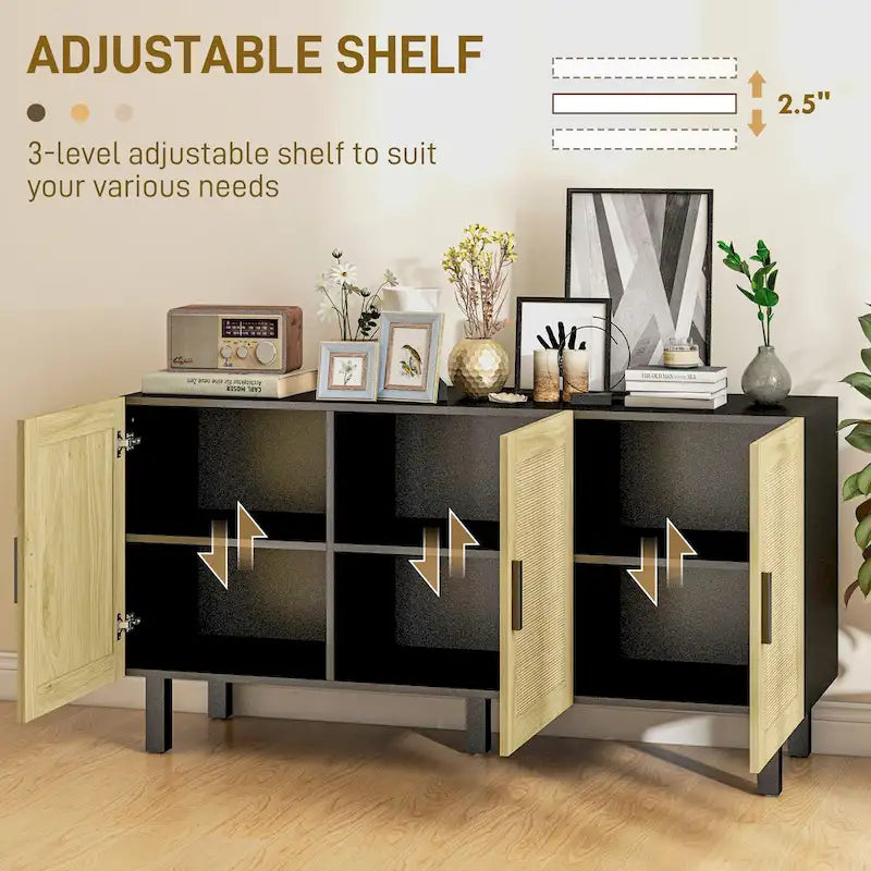 HOMCOM Sideboard Buffet Cabinet, Kitchen Cabinet, Coffee Bar Cabinet with 3 Rattan Doors and Adjustable Shelves