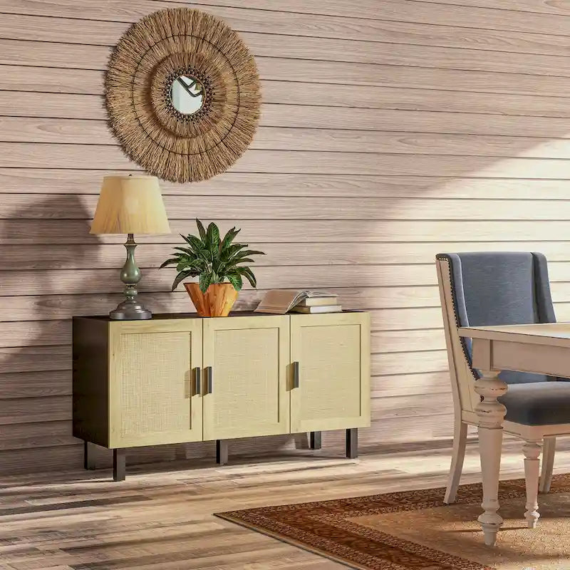 HOMCOM Sideboard Buffet Cabinet, Kitchen Cabinet, Coffee Bar Cabinet with 3 Rattan Doors and Adjustable Shelves
