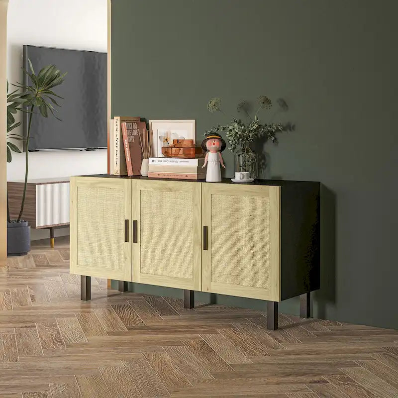 HOMCOM Sideboard Buffet Cabinet, Kitchen Cabinet, Coffee Bar Cabinet with 3 Rattan Doors and Adjustable Shelves